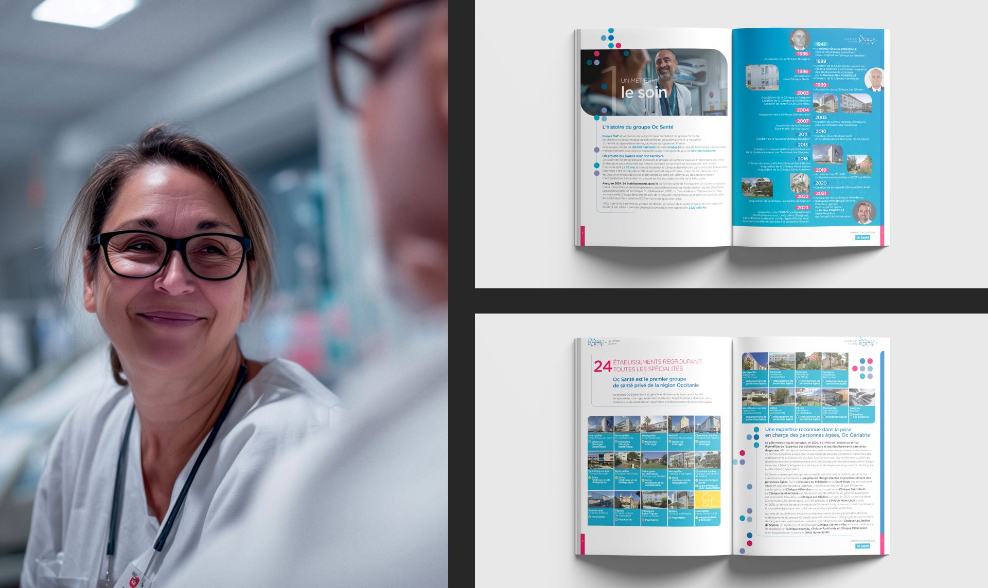 Montage de photos représentant des médecins et le rapport d'activité Oc Santé