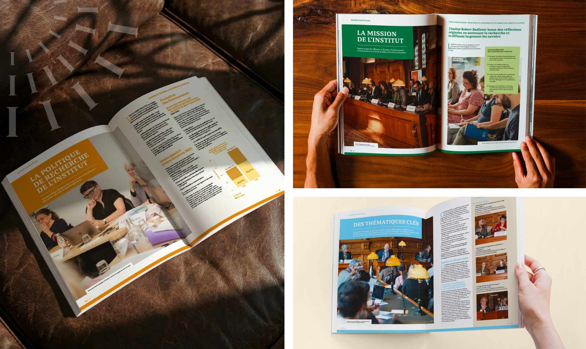 montage de natures mortes montrant les pages intérieures du rapport d'activité Institut Robert Badinter