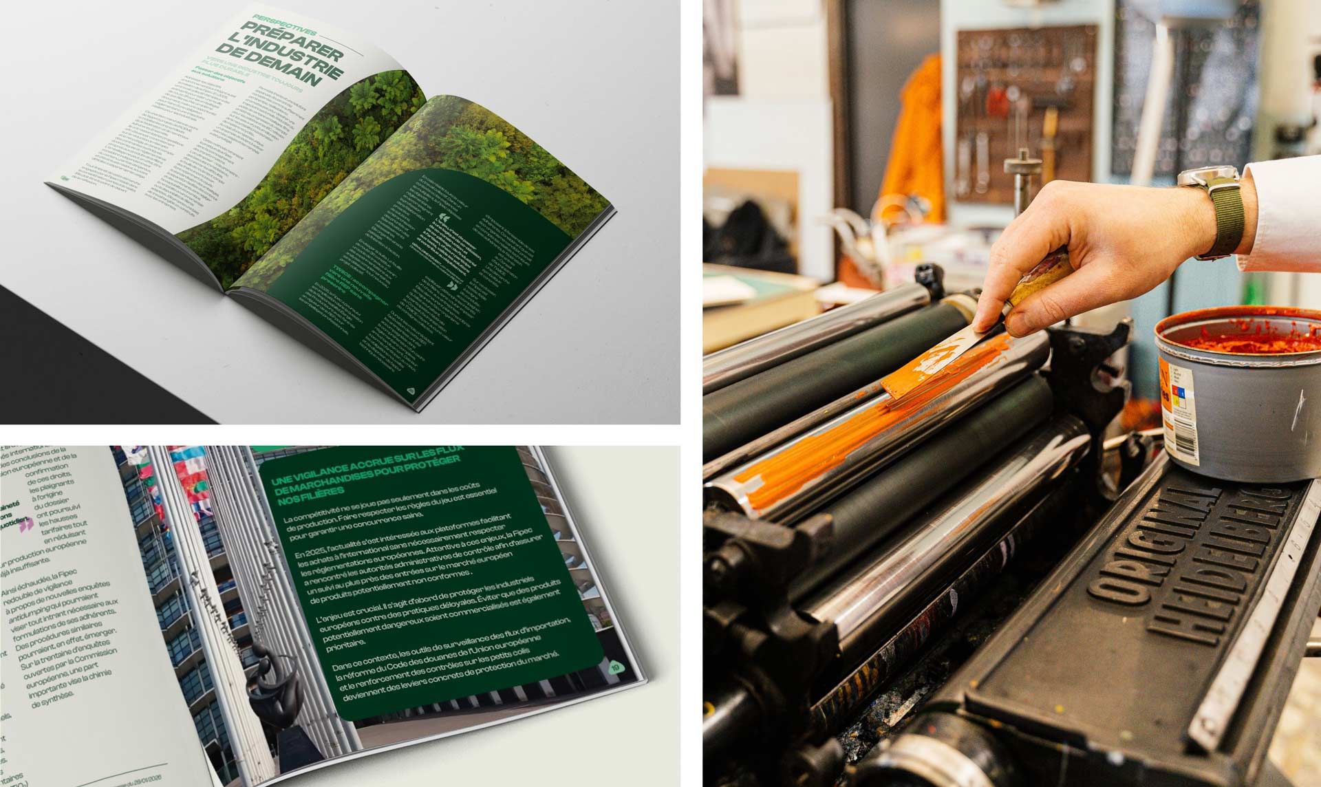 Montage photos de magazine sur fond neutre à gauche et photographie d'une main sur une machine d'impression à droite