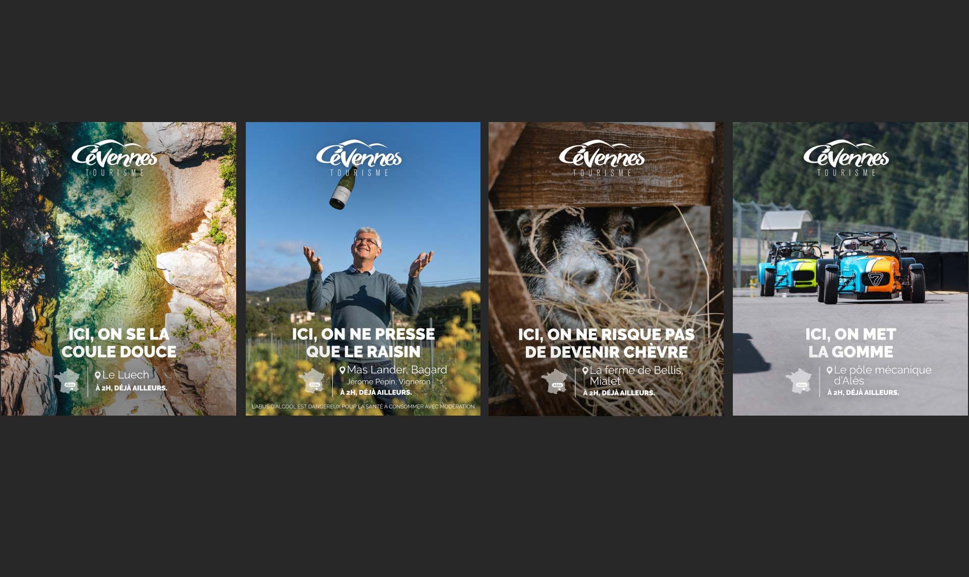 montage de plusieurs visuels de la campagne Cévennes tourisme pour Méta