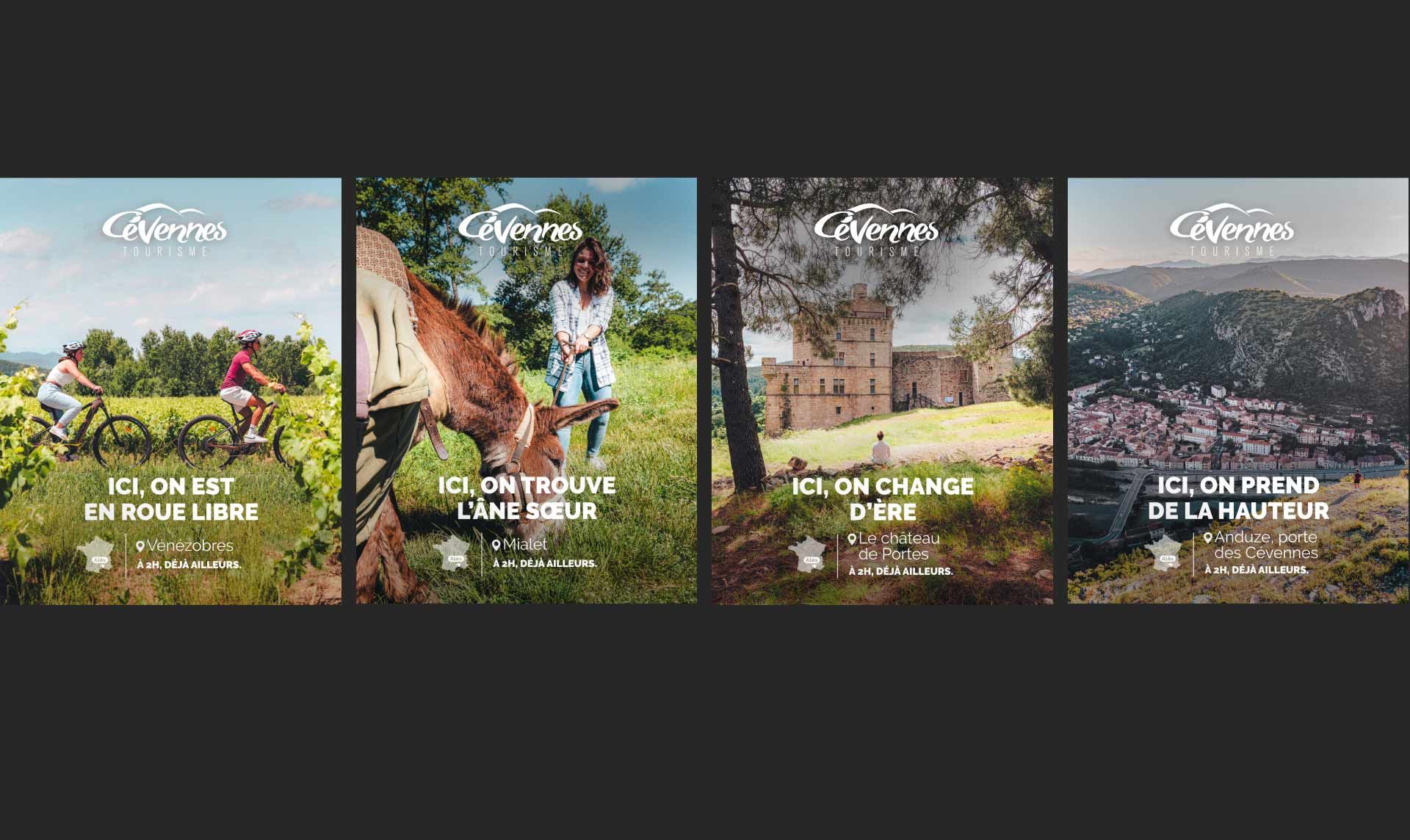 montage de plusieurs visuels de la campagne Cévennes tourisme pour Méta