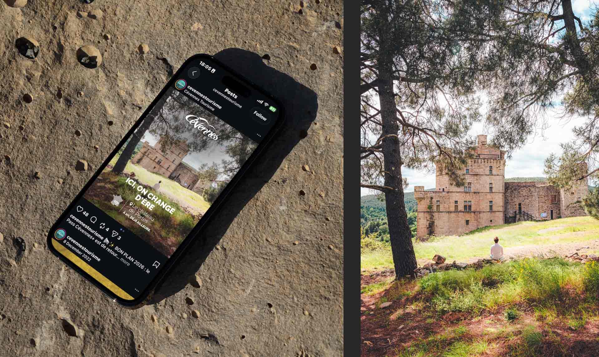 montage d'une photo d'un mockup téléphone avec la campagne spotify et photographie d'un homme assis de dos devant un château